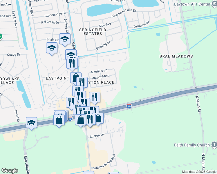 map of restaurants, bars, coffee shops, grocery stores, and more near 5315 Coastline Street in Baytown