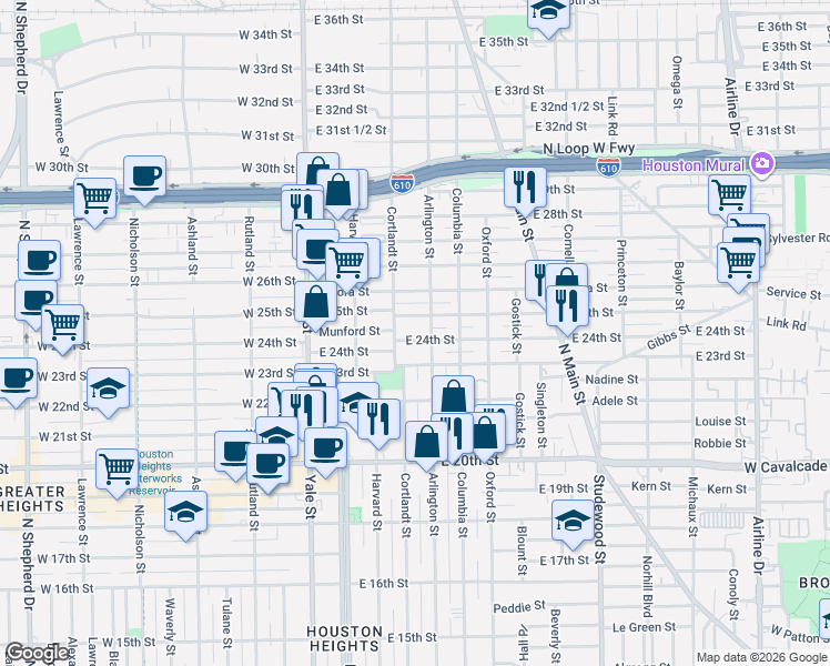 map of restaurants, bars, coffee shops, grocery stores, and more near 306 East 24th Street in Houston