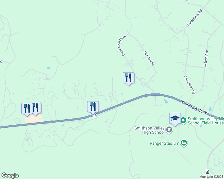 map of restaurants, bars, coffee shops, grocery stores, and more near 15060 Texas 46 in Spring Branch