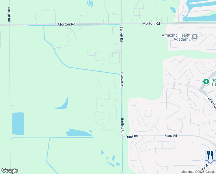 map of restaurants, bars, coffee shops, grocery stores, and more near 3825 Bartlett Road in Katy
