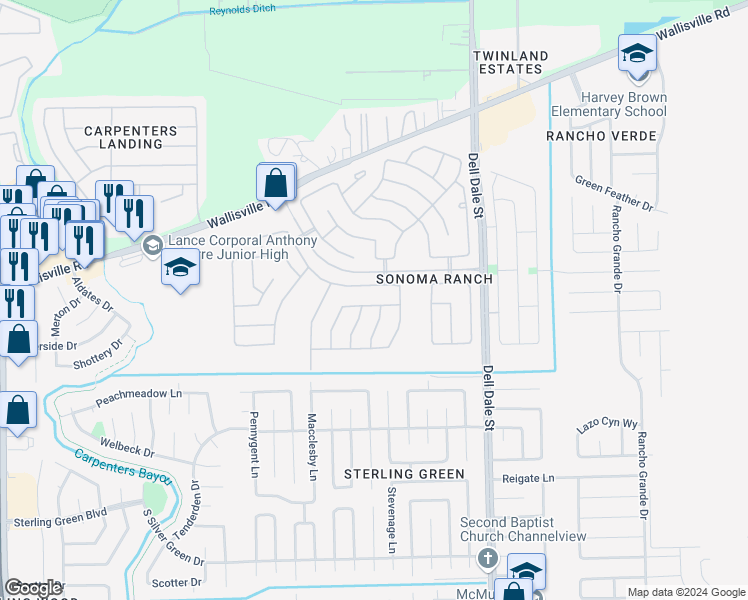 map of restaurants, bars, coffee shops, grocery stores, and more near 16007 Hidden Manor Drive in Houston