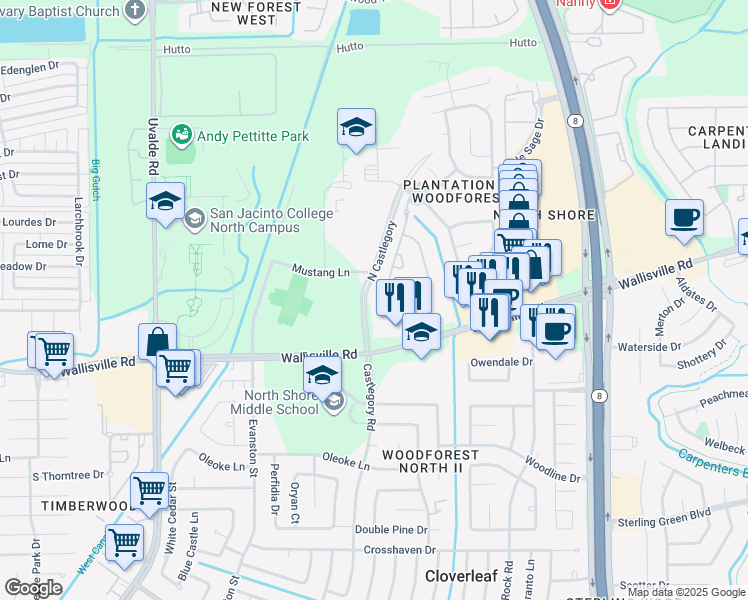 map of restaurants, bars, coffee shops, grocery stores, and more near 15102 Chandler Hollow Lane in Houston