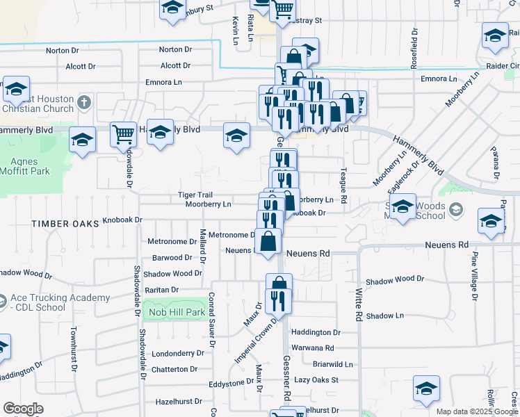 map of restaurants, bars, coffee shops, grocery stores, and more near 10230 Knoboak Drive in Houston