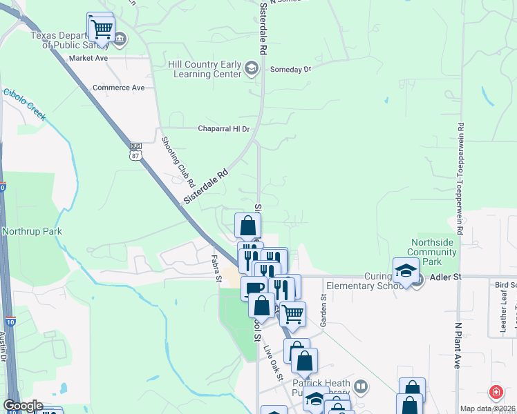 map of restaurants, bars, coffee shops, grocery stores, and more near 933 North School Street in Boerne