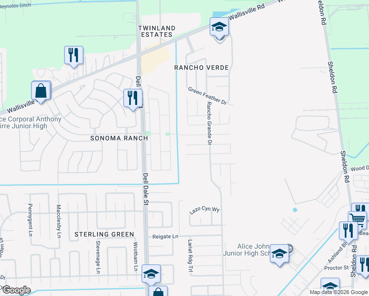 map of restaurants, bars, coffee shops, grocery stores, and more near 16403 Peyton Ridge Circle in Houston