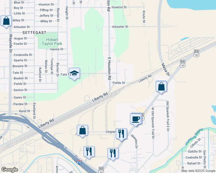 map of restaurants, bars, coffee shops, grocery stores, and more near 8657 Liberty Road in Houston