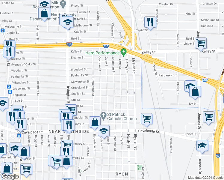 map of restaurants, bars, coffee shops, grocery stores, and more near 5306 Gano Street in Houston