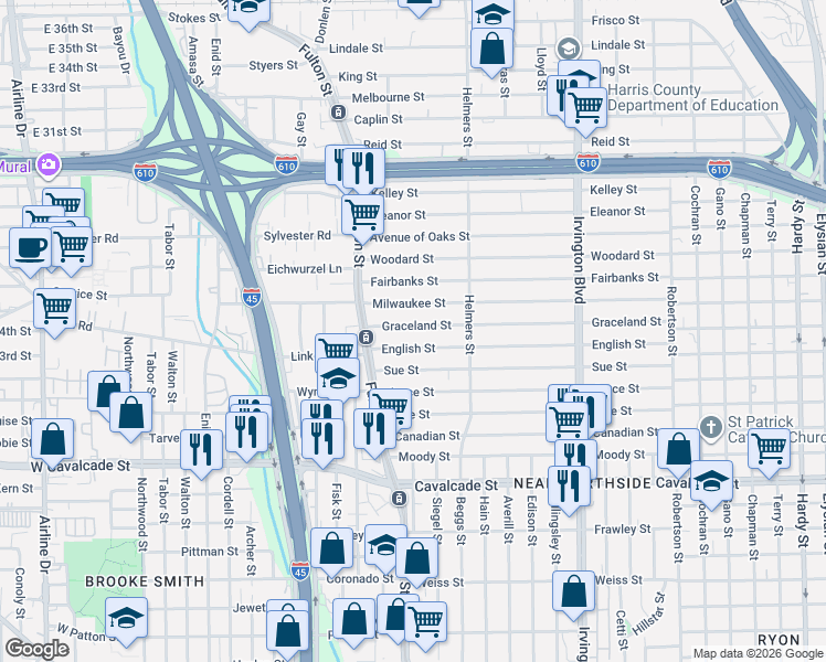 map of restaurants, bars, coffee shops, grocery stores, and more near 313 English Street in Houston