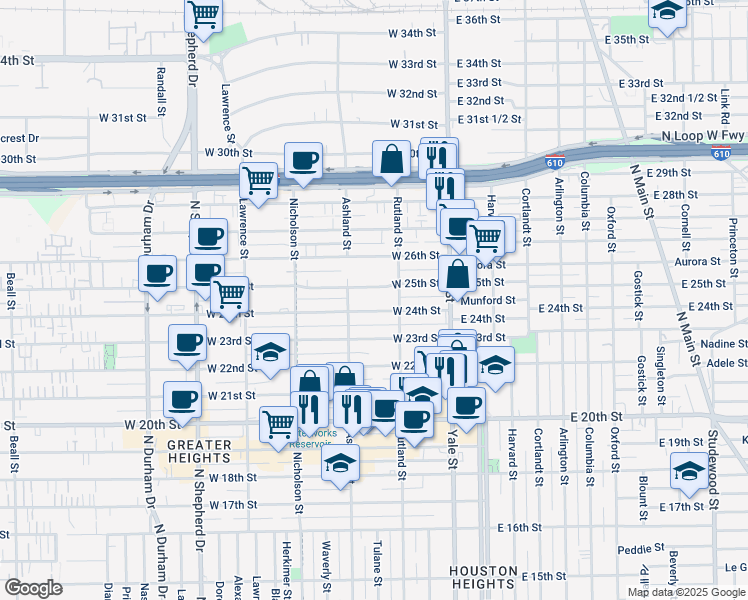 map of restaurants, bars, coffee shops, grocery stores, and more near 330 West 24th Street in Houston