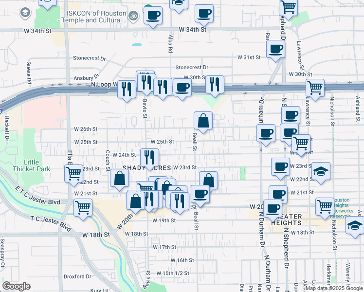 map of restaurants, bars, coffee shops, grocery stores, and more near 1135 West 24th Street in Houston