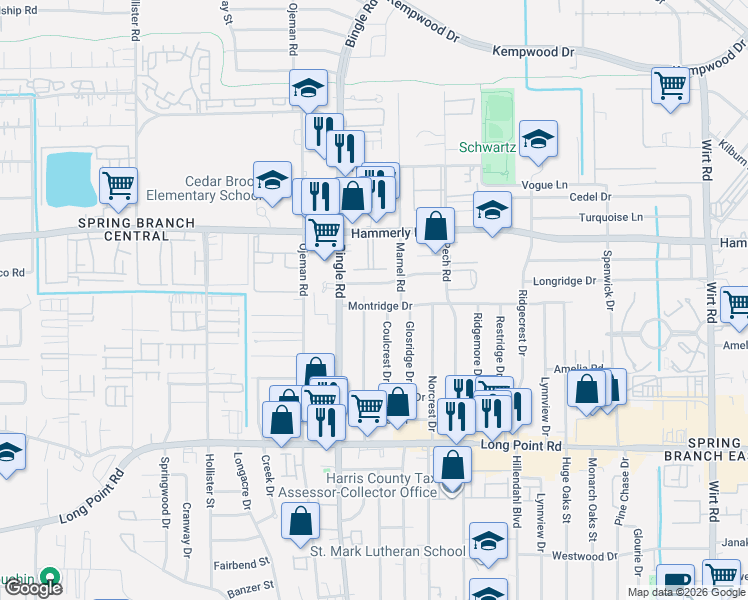 map of restaurants, bars, coffee shops, grocery stores, and more near 8541 Montridge Drive in Houston