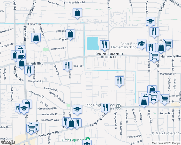 map of restaurants, bars, coffee shops, grocery stores, and more near 1945 Laverne Street in Houston
