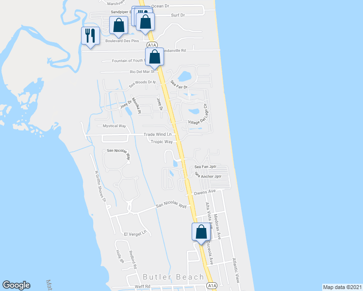 map of restaurants, bars, coffee shops, grocery stores, and more near 92 Oceanview Drive in St. Augustine