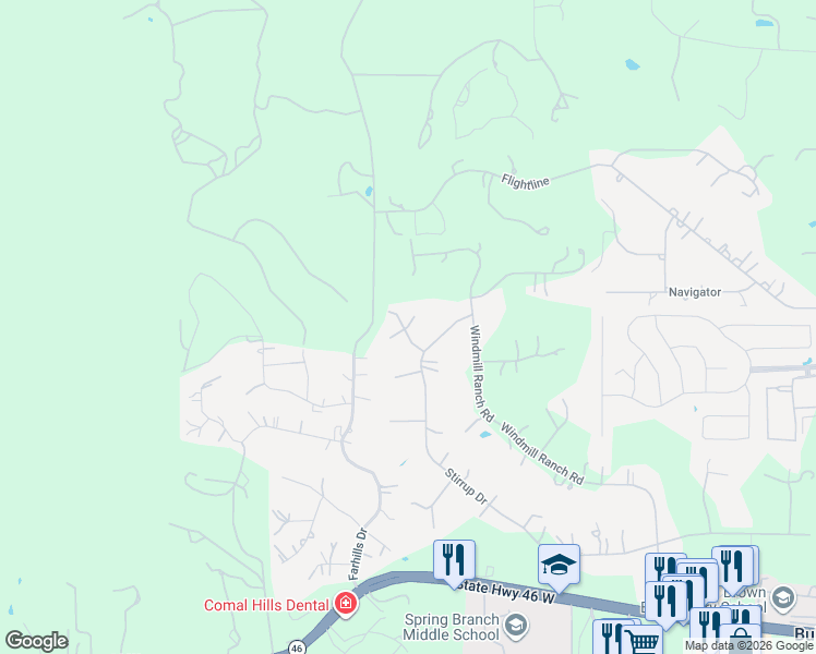 map of restaurants, bars, coffee shops, grocery stores, and more near 110 Windmill Valley in Spring Branch
