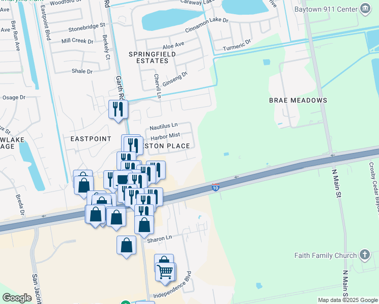 map of restaurants, bars, coffee shops, grocery stores, and more near 5418 Coastline Street in Baytown