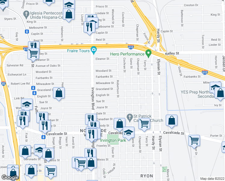 map of restaurants, bars, coffee shops, grocery stores, and more near 916 Graceland Street in Houston