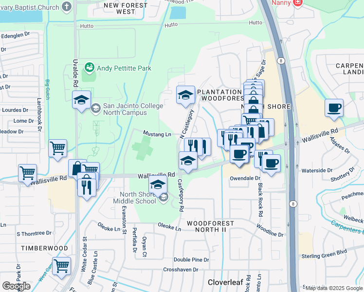 map of restaurants, bars, coffee shops, grocery stores, and more near 15102 Chandler Hollow Lane in Houston