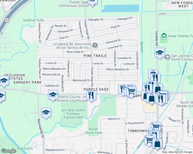 map of restaurants, bars, coffee shops, grocery stores, and more near 14402 Morinscott Drive in Houston