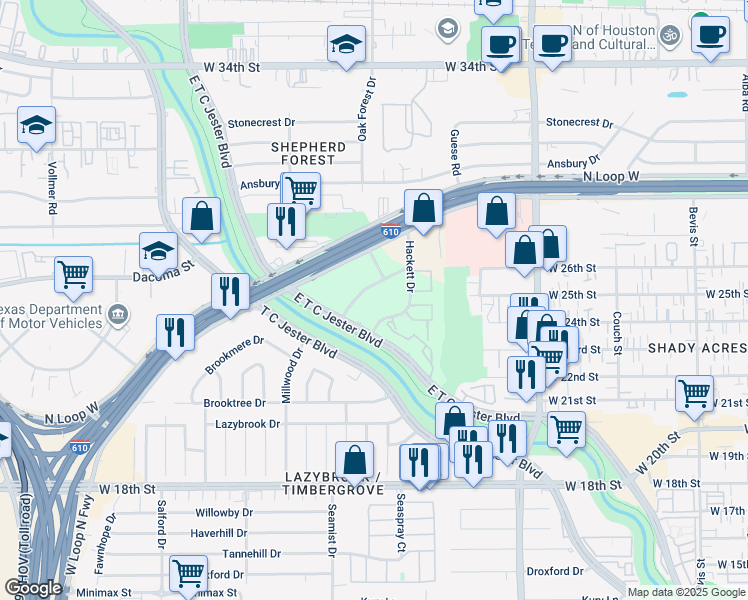 map of restaurants, bars, coffee shops, grocery stores, and more near 6 Hackett Drive in Houston