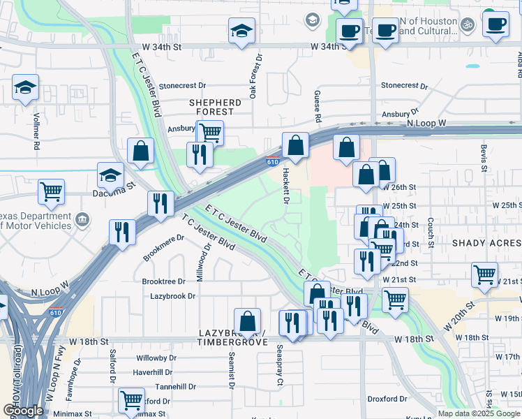 map of restaurants, bars, coffee shops, grocery stores, and more near 2121 Pinegate Dr in Houston