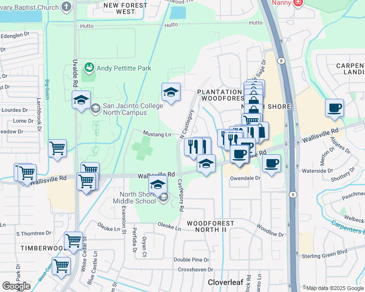 map of restaurants, bars, coffee shops, grocery stores, and more near 15102 Chandler Hollow Lane in Houston