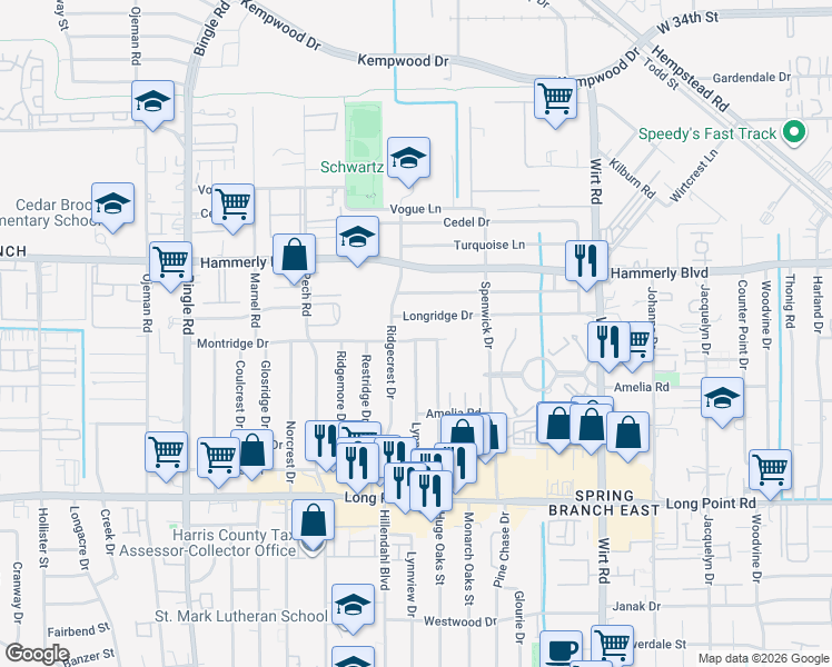 map of restaurants, bars, coffee shops, grocery stores, and more near 1945 Huge Oaks Street in Houston