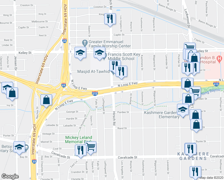 map of restaurants, bars, coffee shops, grocery stores, and more near 5401 Hirsch Road in Houston