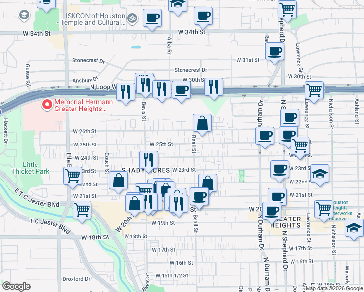 map of restaurants, bars, coffee shops, grocery stores, and more near 1135 West 24th Street in Houston