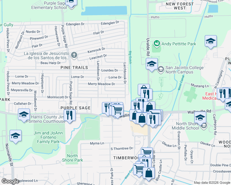 map of restaurants, bars, coffee shops, grocery stores, and more near 14647 Morinscott Drive in Houston