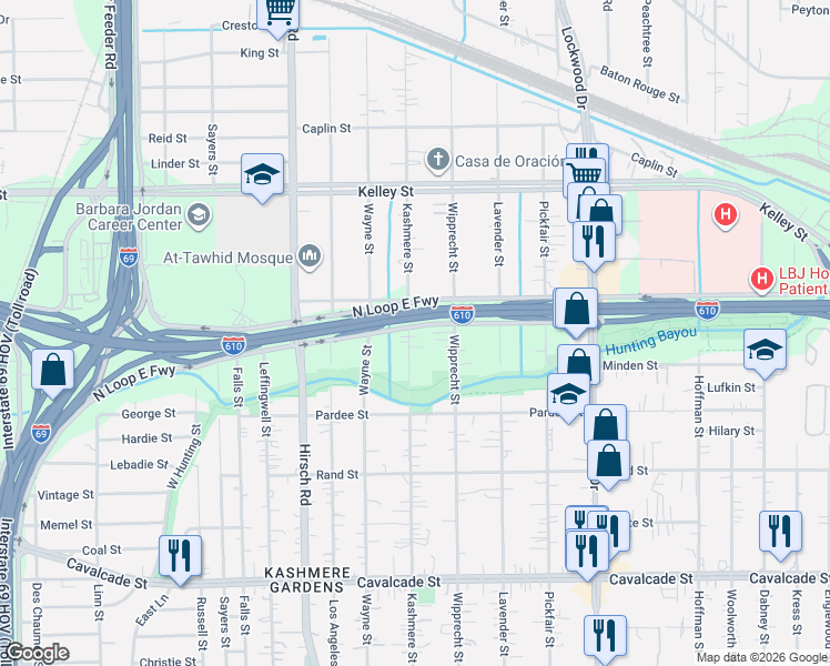 map of restaurants, bars, coffee shops, grocery stores, and more near 5206 Kashmere Street in Houston