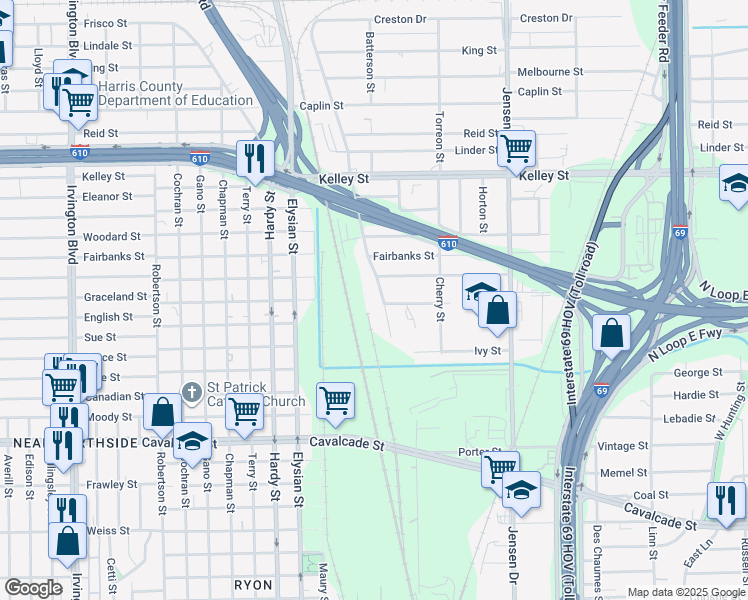map of restaurants, bars, coffee shops, grocery stores, and more near 5222 Gold Street in Houston