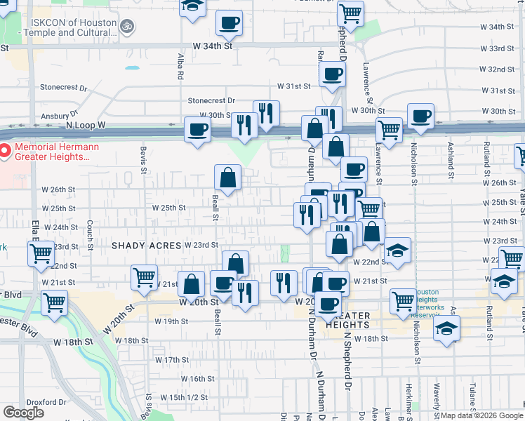 map of restaurants, bars, coffee shops, grocery stores, and more near 919 West 24th Street in Houston