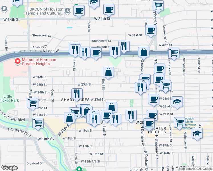 map of restaurants, bars, coffee shops, grocery stores, and more near 2402 Beall Street in Houston