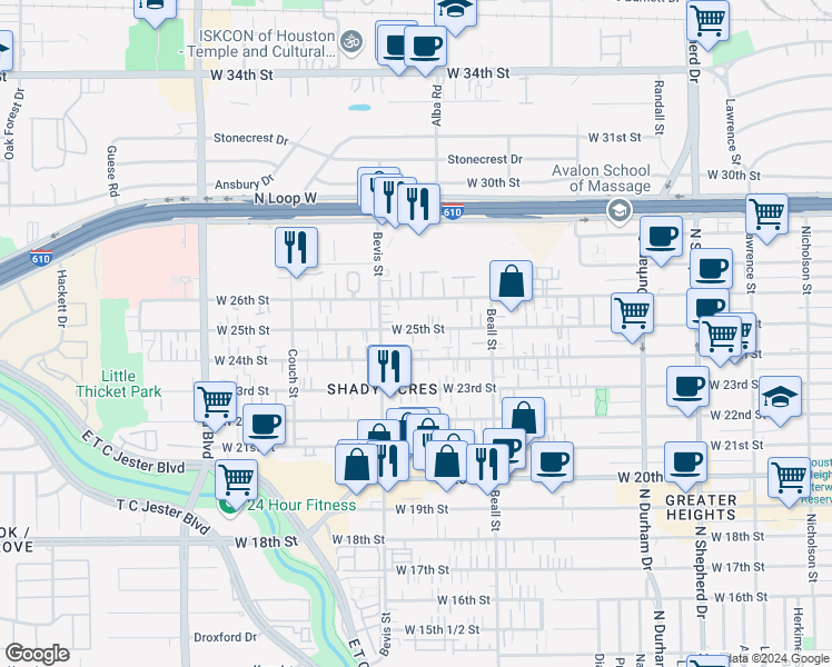 map of restaurants, bars, coffee shops, grocery stores, and more near 1219 West 24th Street in Houston
