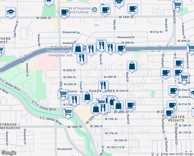 map of restaurants, bars, coffee shops, grocery stores, and more near 2403 Bevis Street in Houston