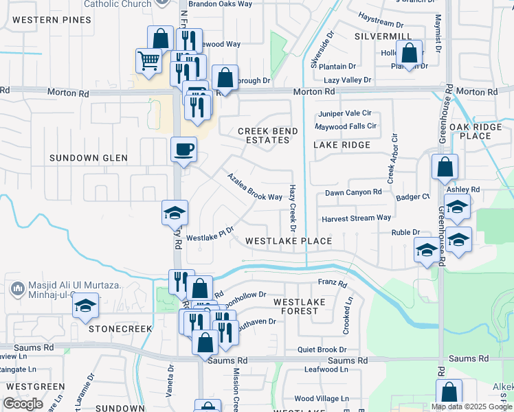 map of restaurants, bars, coffee shops, grocery stores, and more near 19658 Heritage Elm Court in Houston