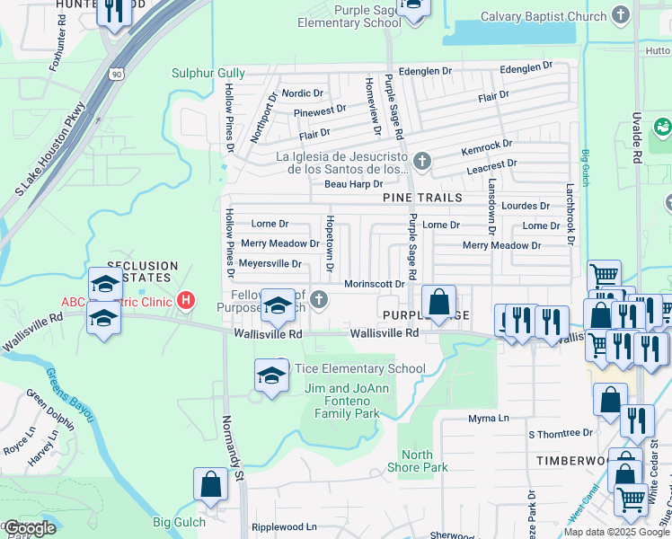 map of restaurants, bars, coffee shops, grocery stores, and more near 5710 Hopetown Drive in Houston