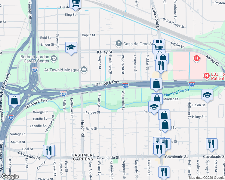 map of restaurants, bars, coffee shops, grocery stores, and more near 5206 Kashmere Street in Houston