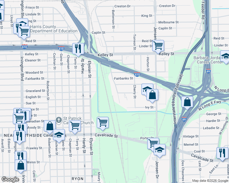 map of restaurants, bars, coffee shops, grocery stores, and more near 5222 Gold Street in Houston