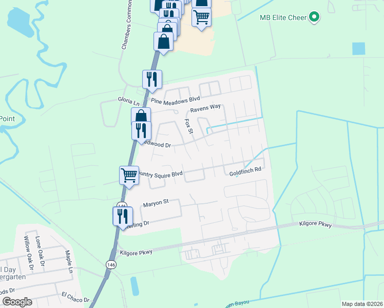 map of restaurants, bars, coffee shops, grocery stores, and more near 10427 Country Squire Boulevard in Baytown