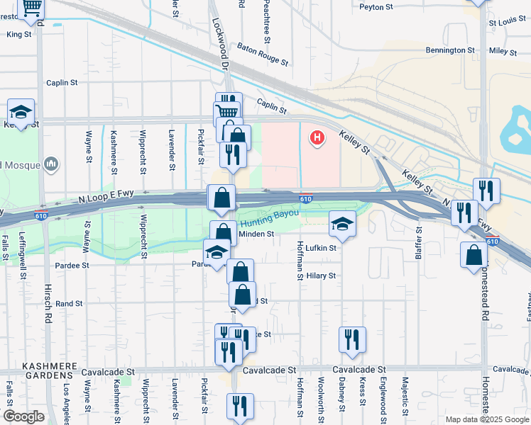 map of restaurants, bars, coffee shops, grocery stores, and more near 5400 Lockwood Drive in Houston