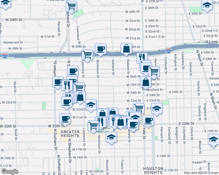 map of restaurants, bars, coffee shops, grocery stores, and more near 419 West 24th Street in Houston