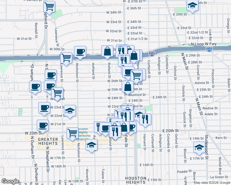 map of restaurants, bars, coffee shops, grocery stores, and more near 232 West 25th Street in Houston
