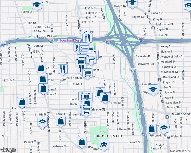 map of restaurants, bars, coffee shops, grocery stores, and more near 801 Link Road in Houston