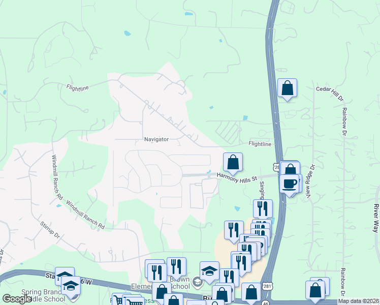 map of restaurants, bars, coffee shops, grocery stores, and more near 448 Whistlers Way in Spring Branch
