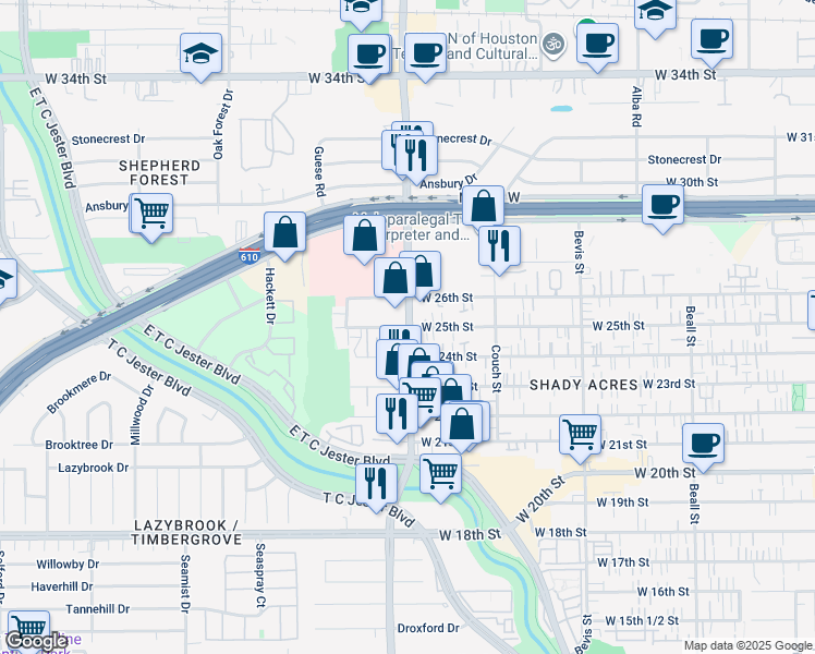 map of restaurants, bars, coffee shops, grocery stores, and more near Ella Blvd & W 25th St in Houston