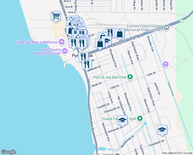 map of restaurants, bars, coffee shops, grocery stores, and more near 216 Eighth Street in Port Saint Joe