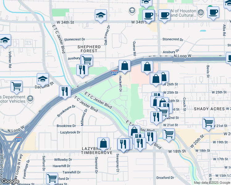 map of restaurants, bars, coffee shops, grocery stores, and more near 2121 Pinegate in Houston