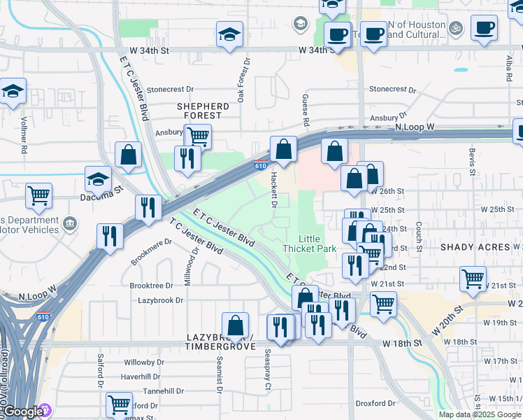 map of restaurants, bars, coffee shops, grocery stores, and more near 2121 Pinegate in Houston