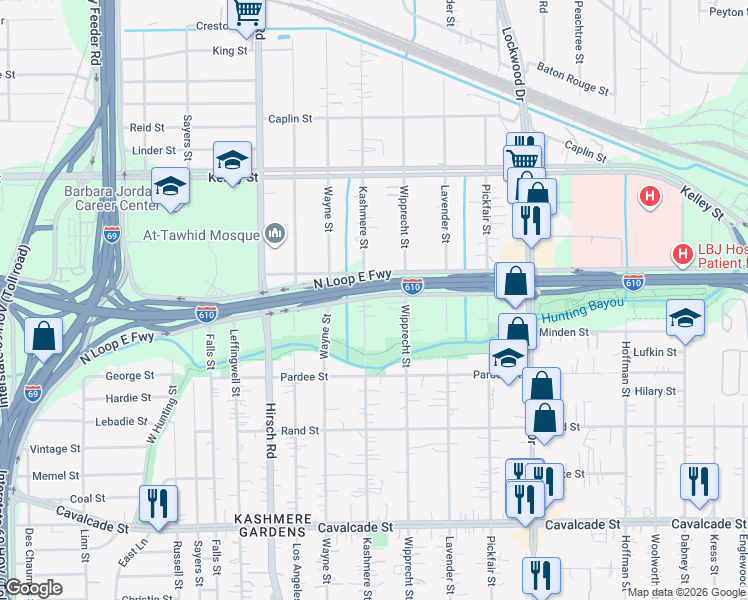 map of restaurants, bars, coffee shops, grocery stores, and more near 4610 North Loop East Freeway in Houston